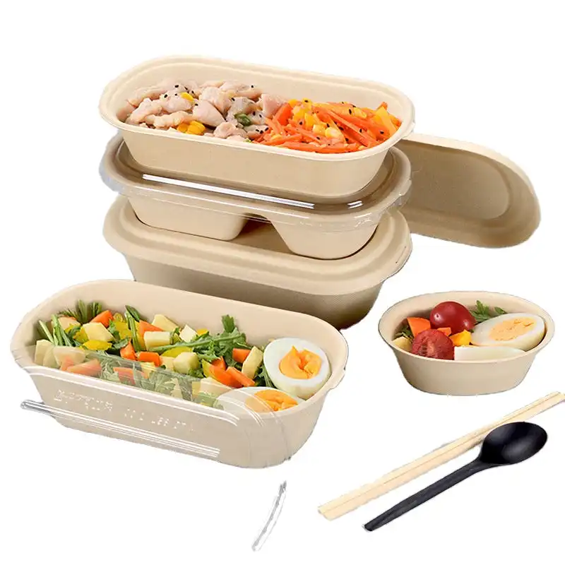 PFAS Free Bamboo Pulp Bagasse Paper Food Plates Lunch Box Food To Go Container Disposable Cake Box Bento Sushi Box