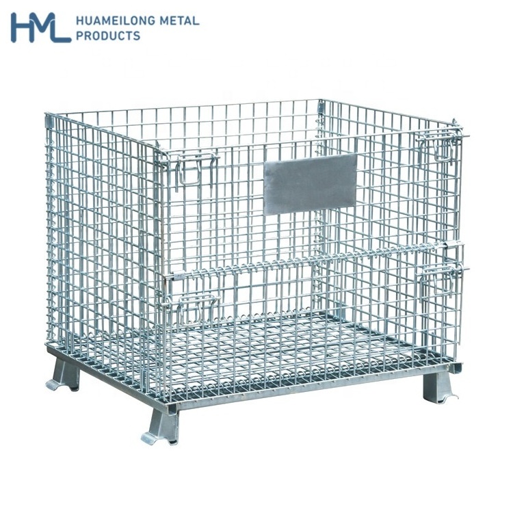 Returnable industrial heavy duty collapsible stackable metal steel wire mesh pallet storage crates