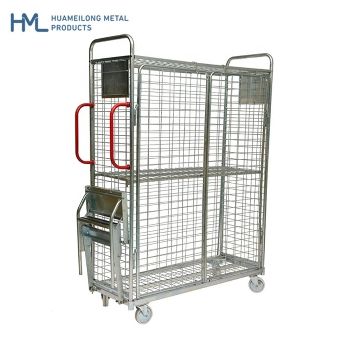 Warehouse trolley logistics store steel mesh multi-tier order picking trolley with steps and ladder