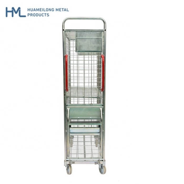 Warehouse trolley logistics store steel mesh multi-tier order picking trolley with steps and ladder