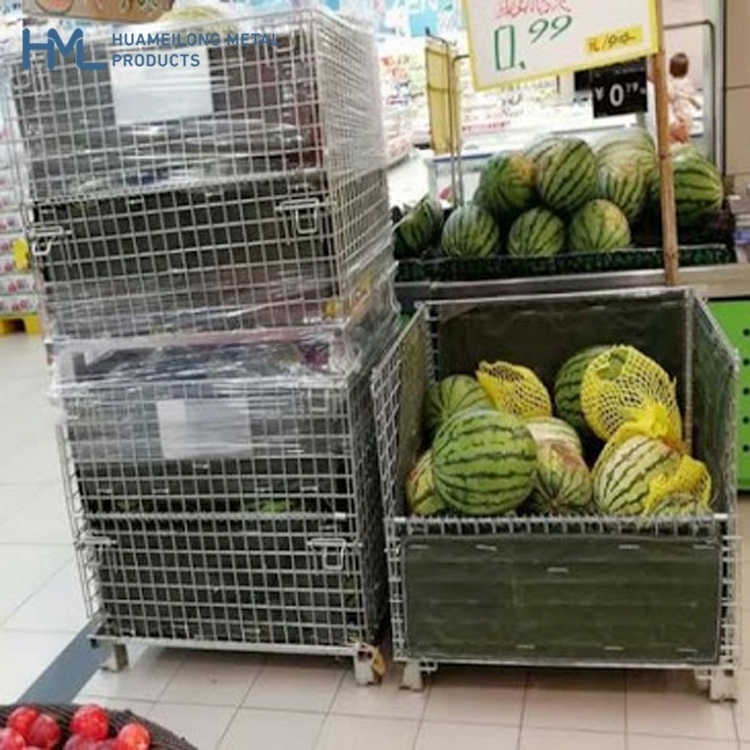 Returnable industrial heavy duty collapsible stackable metal steel wire mesh pallet storage crates