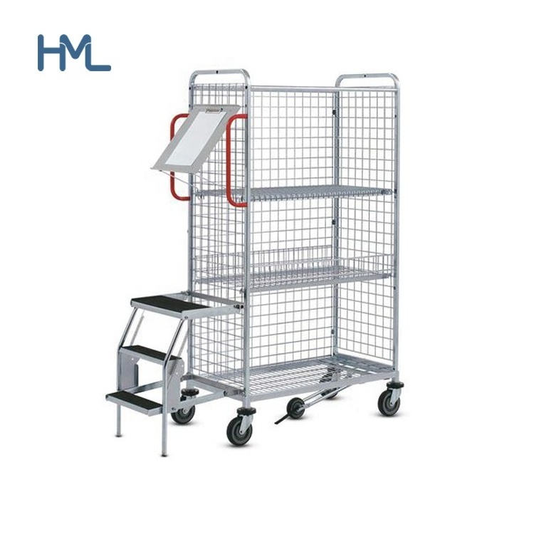 Warehouse trolley logistics store steel mesh multi-tier order picking trolley with steps and ladder