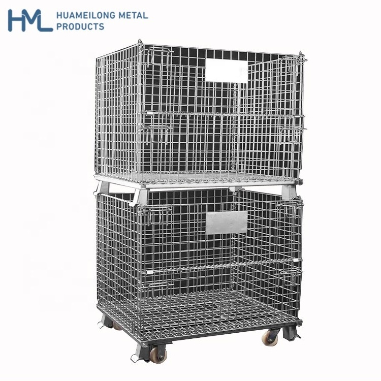 Returnable industrial heavy duty collapsible stackable metal steel wire mesh pallet storage crates