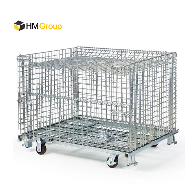 Collapsible steel stackable metal storage wire pallet cage with wheels