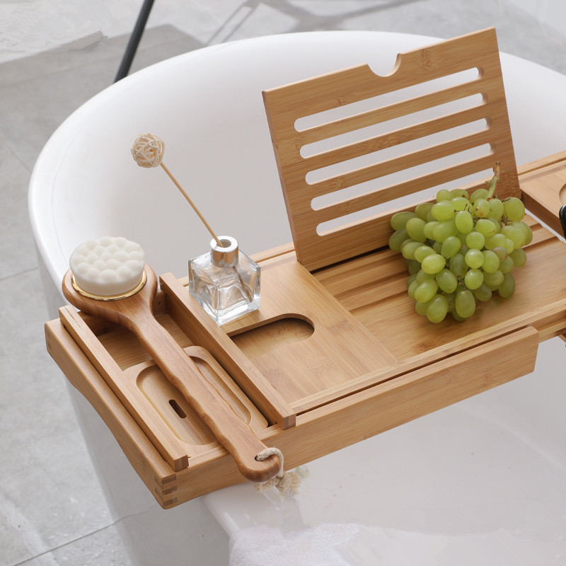 Bathroom Foldable waterproof Bamboo Adjustable Bath Tub Table Bathtub Caddy Tray with Bamboo Book Stand and Soap Tray