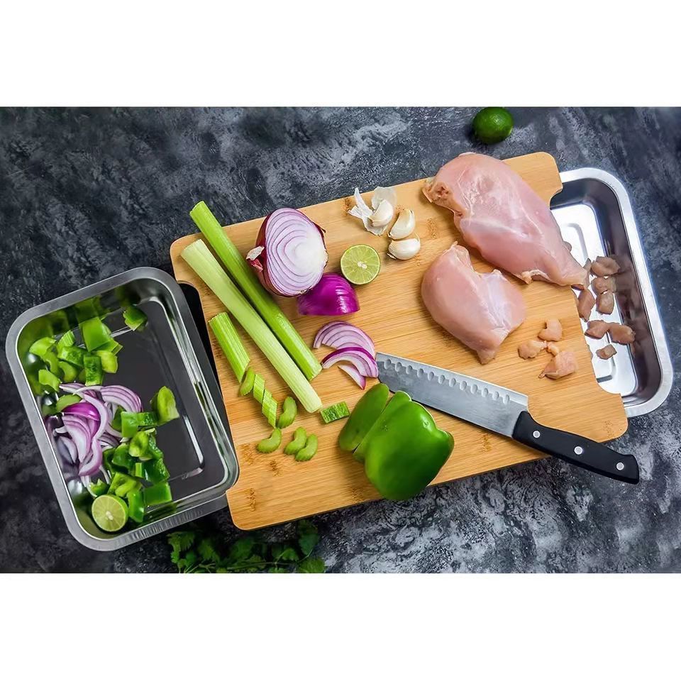 Drawer type bamboo vegetable board stainless steel basin bamboo drawer chopping board, classified collection of Vegetable Board