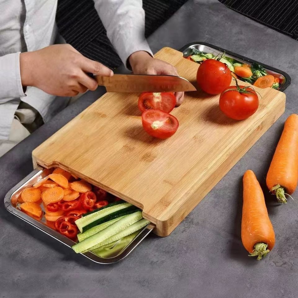 Drawer type bamboo vegetable board stainless steel basin bamboo drawer chopping board, classified collection of Vegetable Board