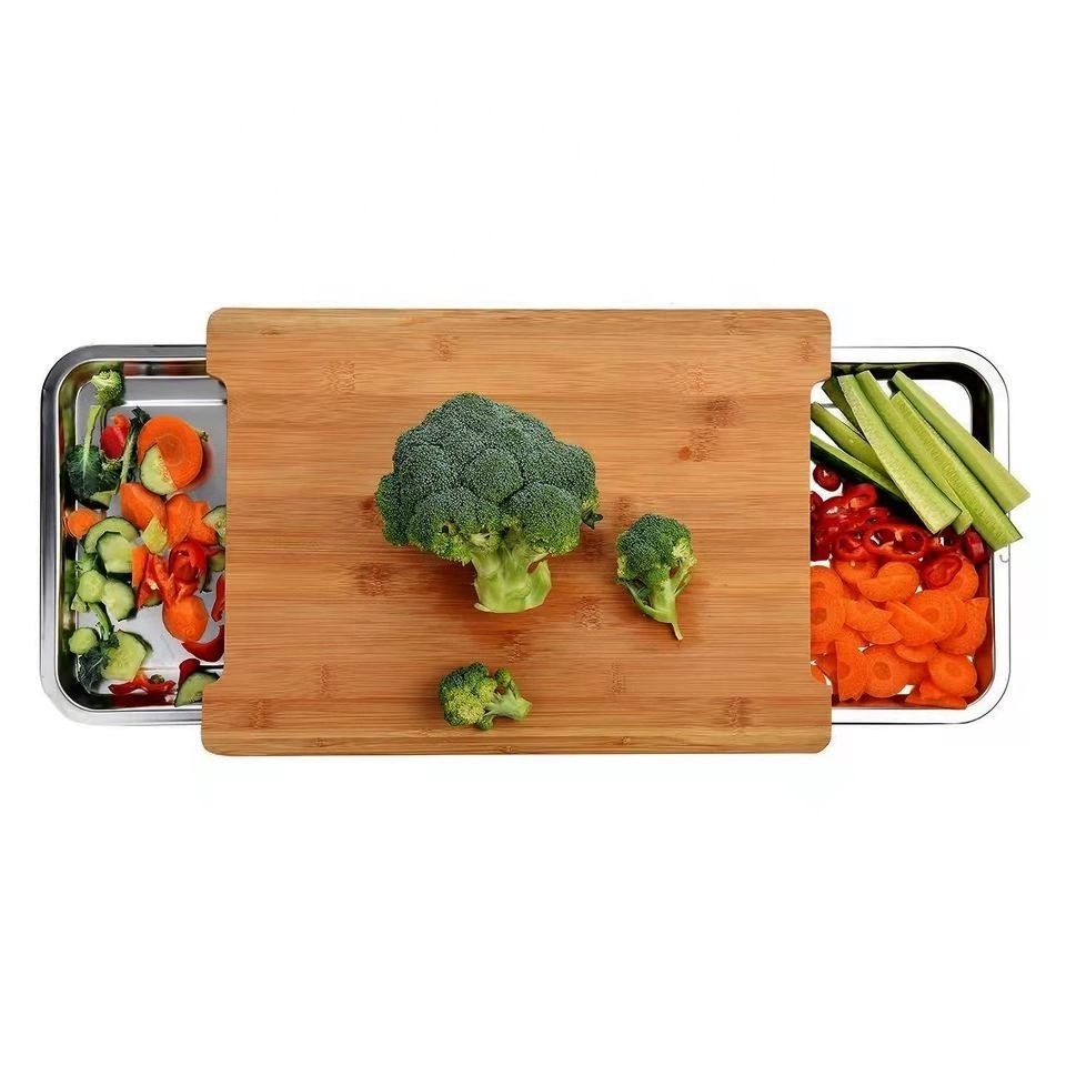 Drawer type bamboo vegetable board stainless steel basin bamboo drawer chopping board, classified collection of Vegetable Board