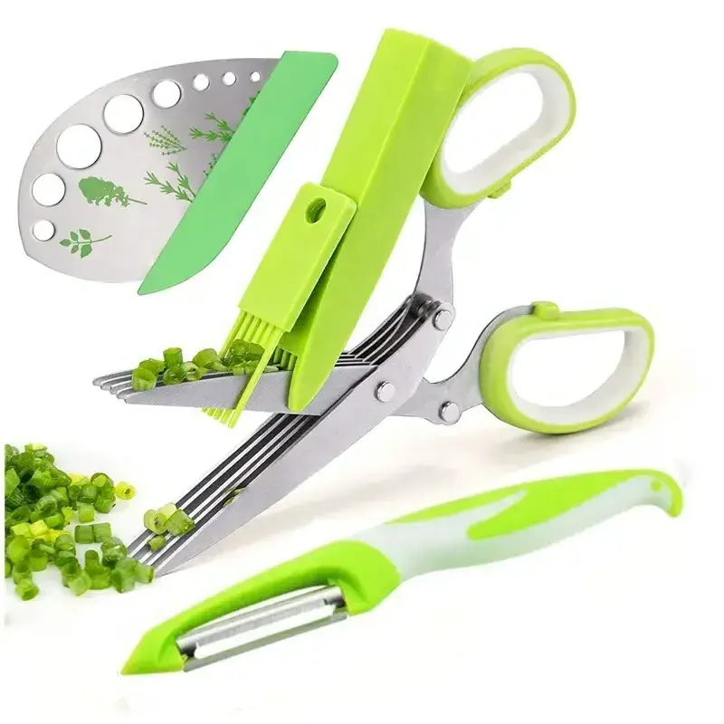 Multipurpose 5 Blade Kitchen cutter Herb Scissors Set with Safety Cover and Cleaning Comb for Chopping Basil Chive Parsley