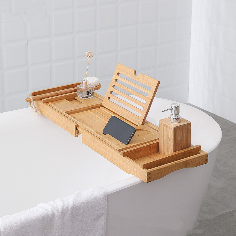 Bathroom Foldable waterproof Bamboo Adjustable Bath Tub Table Bathtub Caddy Tray with Bamboo Book Stand and Soap Tray