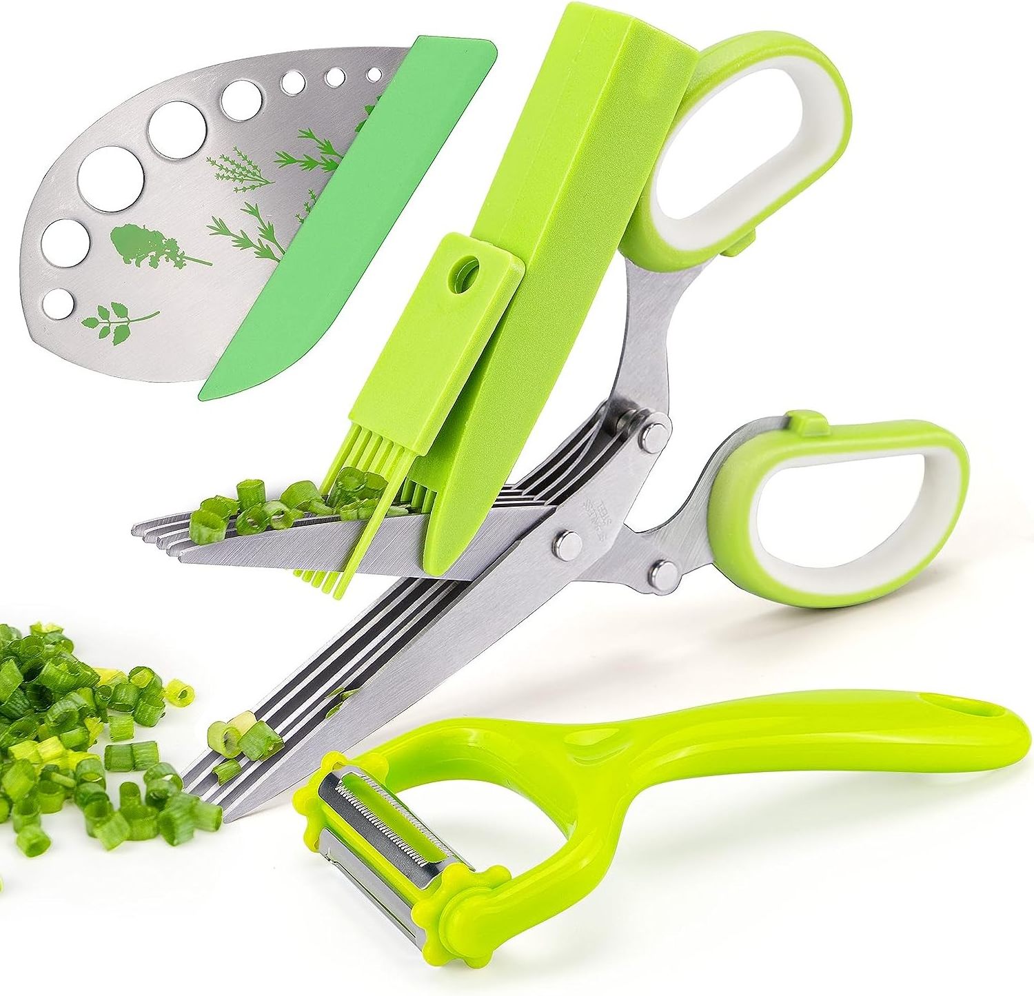 Multipurpose 5 Blade Kitchen cutter Herb Scissors Set with Safety Cover and Cleaning Comb for Chopping Basil Chive Parsley