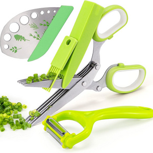 Multipurpose 5 Blade Kitchen cutter Herb Scissors Set with Safety Cover and Cleaning Comb for Chopping Basil Chive Parsley