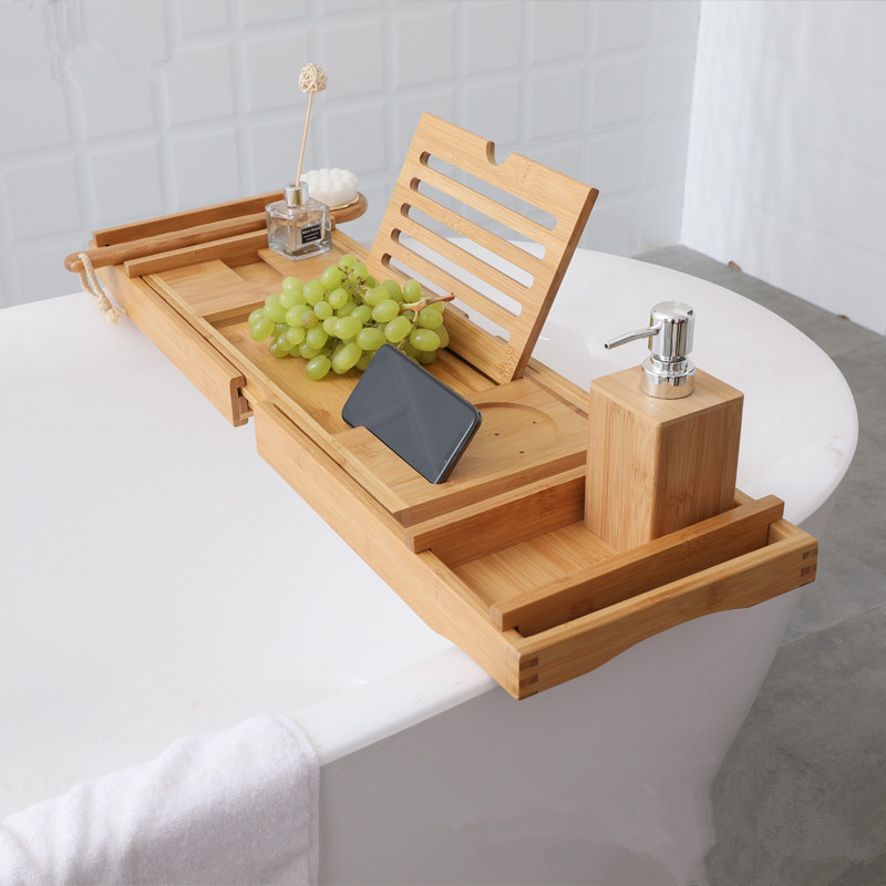 Bathroom Foldable waterproof Bamboo Adjustable Bath Tub Table Bathtub Caddy Tray with Bamboo Book Stand and Soap Tray