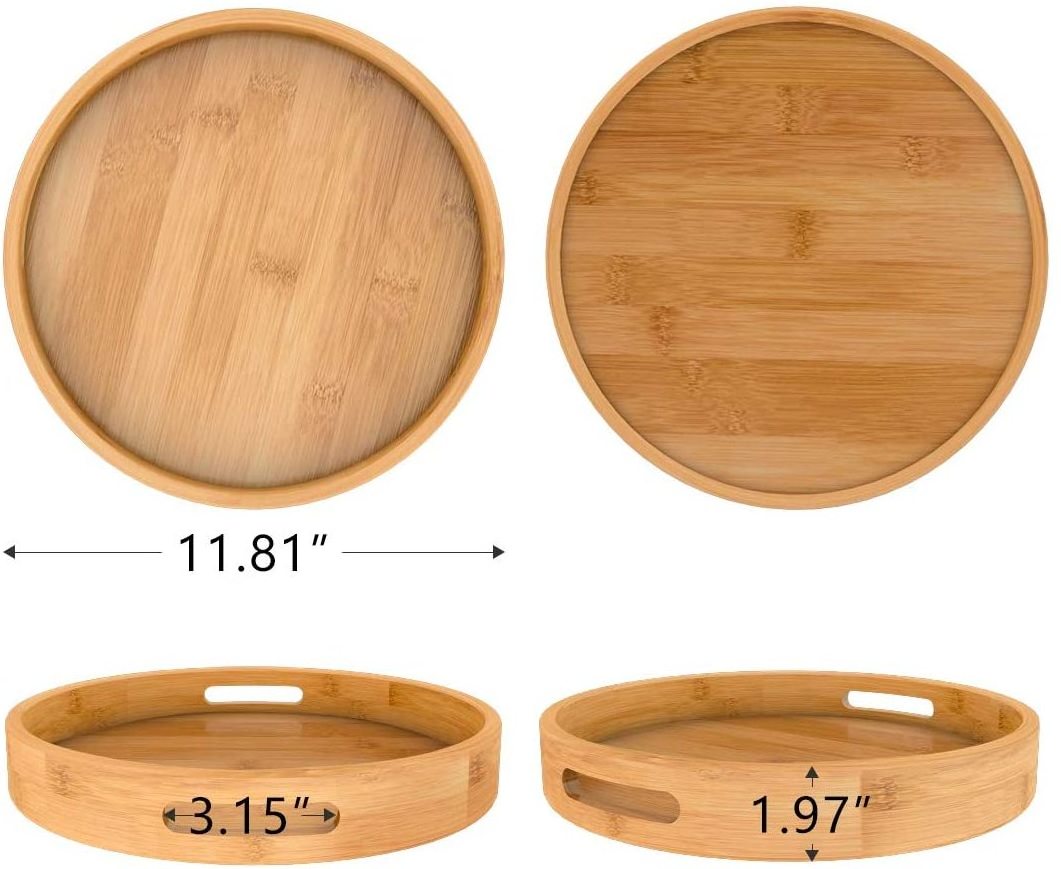 High quality china custom round wood crafts food serving tray wooden floating bamboo service  tray with handles for tea