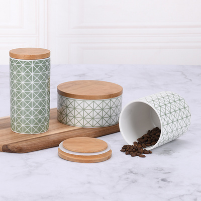 Customized airtight tea sugar coffee food storage porcelain canister set with wood cover