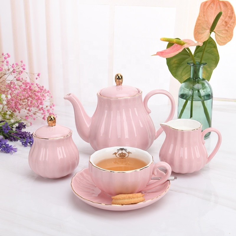 Ceramic pink tea and coffee set luxury tea cup saucer teapot sets with creamer sugar pot