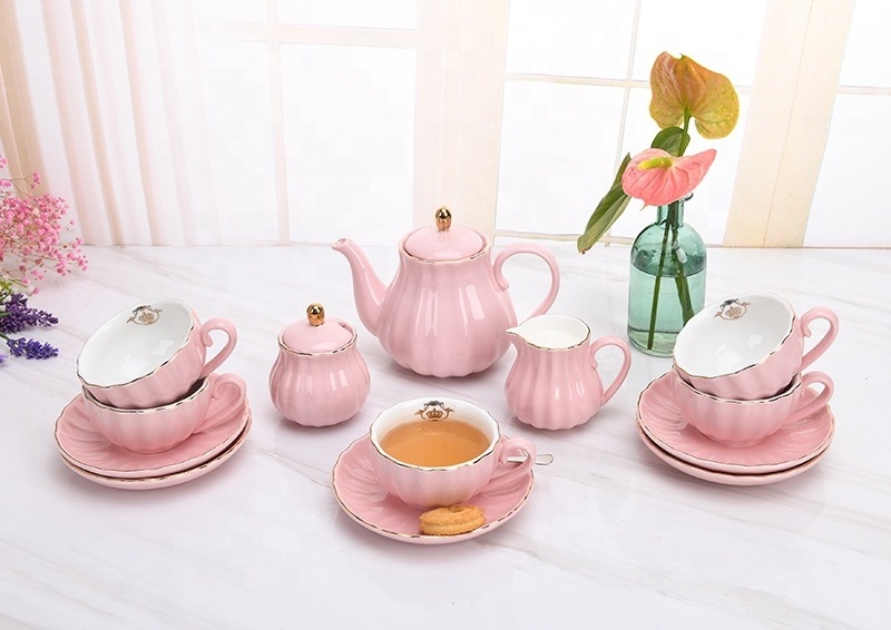 Ceramic pink tea and coffee set luxury tea cup saucer teapot sets with creamer sugar pot