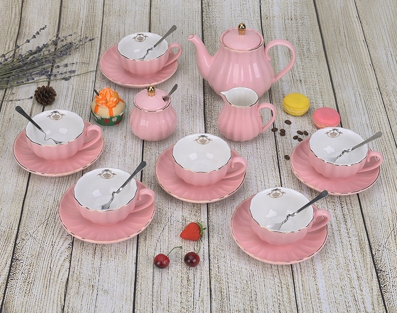 Ceramic pink tea and coffee set luxury tea cup saucer teapot sets with creamer sugar pot