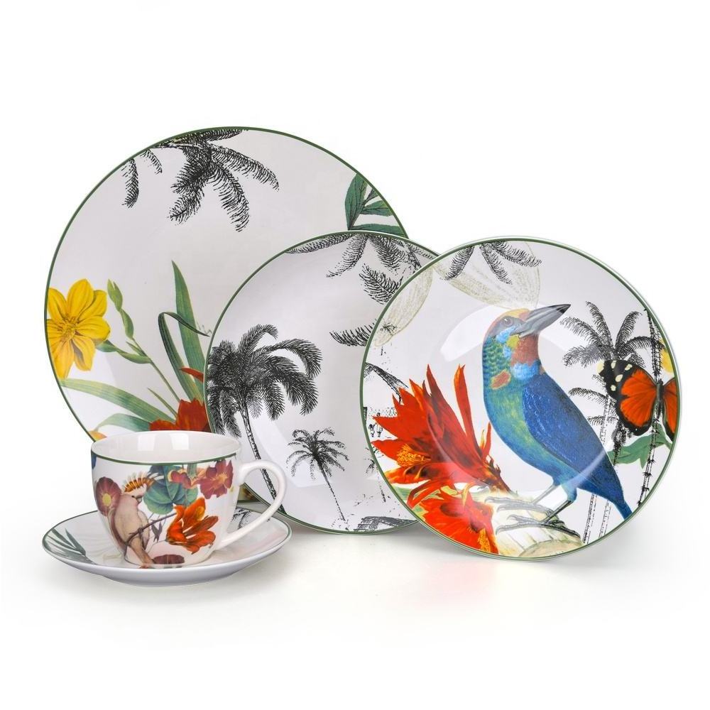 Wholesale China Factory Coconut Tree Birds Parrots Decal Kitchen Dishes Porcelain Dinner Plates Set Ceramic Dinnerware Sets