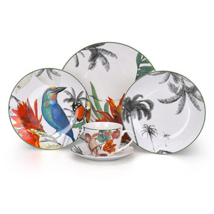 Wholesale China Factory Coconut Tree Birds Parrots Decal Kitchen Dishes Porcelain Dinner Plates Set Ceramic Dinnerware Sets