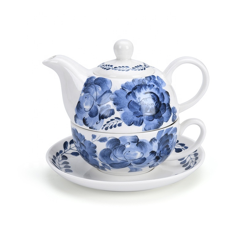 Ceramic Blue Flower Teapot with Cup Personalized Tea Set Customized Logo Drinkware Coffee & Tea Sets Sustainable Tea Party 400ml