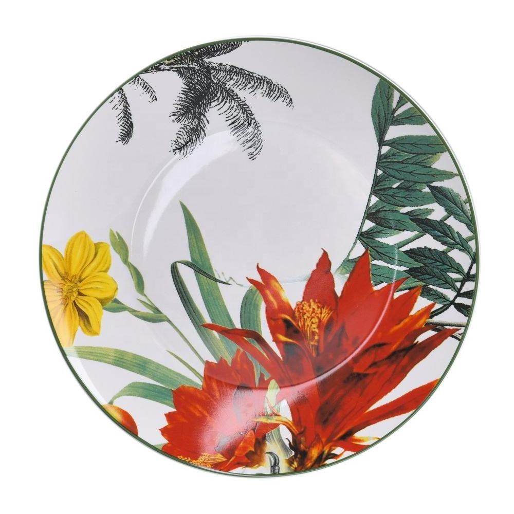 Wholesale China Factory Coconut Tree Birds Parrots Decal Kitchen Dishes Porcelain Dinner Plates Set Ceramic Dinnerware Sets