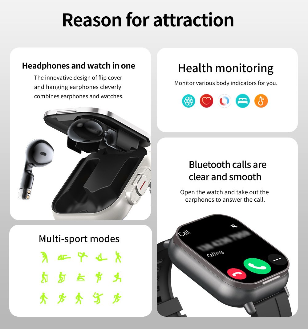 Square Smart Watch With Earbuds 2 In 1 Bluetooth Music Smartwatch Multi Sport Modes  Smart Watch Made In China