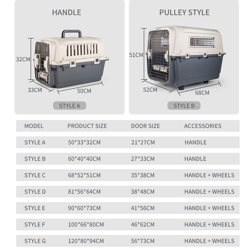 Breathable Airline Approved Plastic Portable Travel cage with wheels Pet Flight Carrier Dog Cage for Dog Cat
