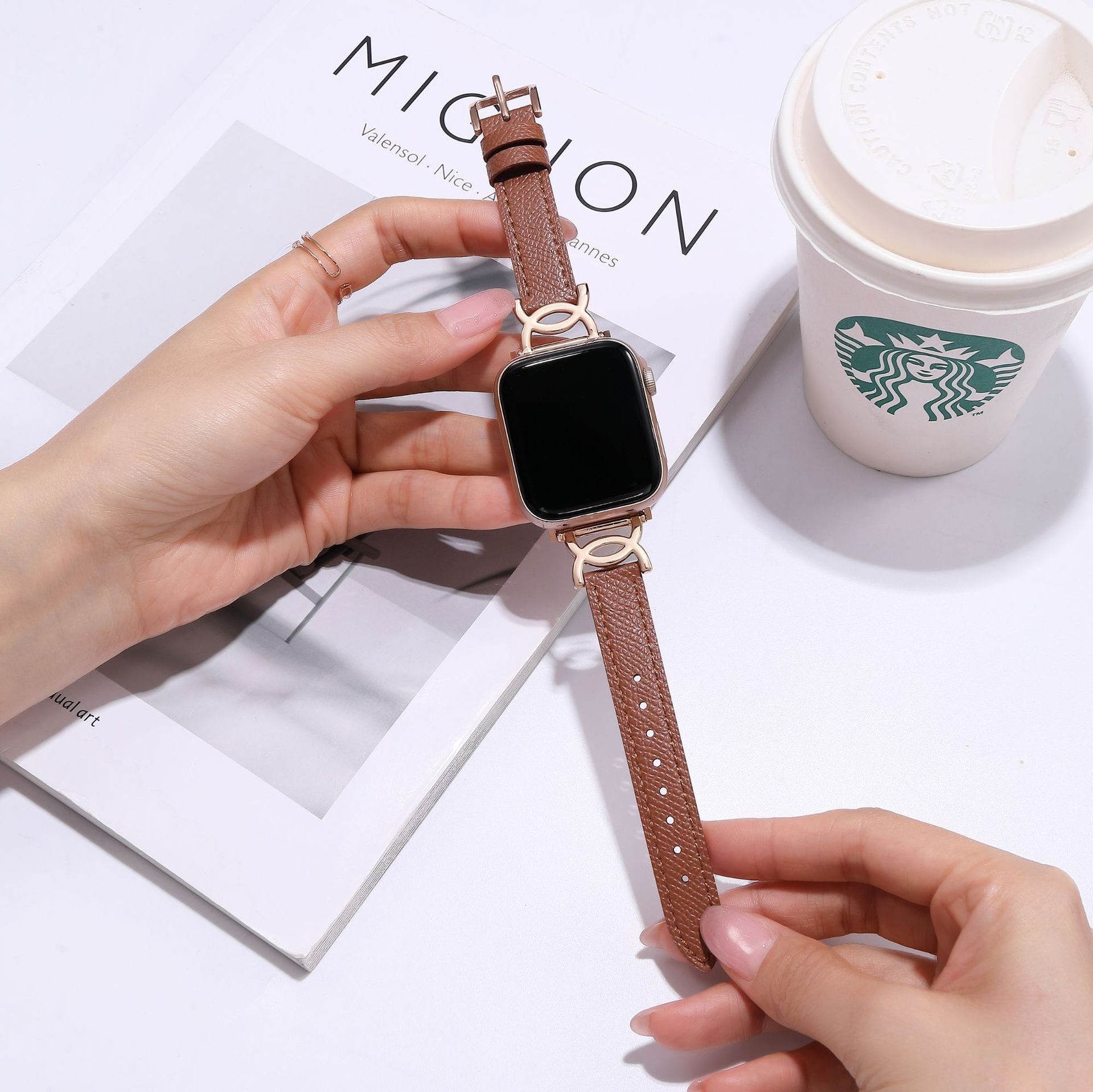 Two C shaped metal connector genuine leather 14mm Fashion Thin Strap for Apple Watch Band women series 8 9 ultra 49mm