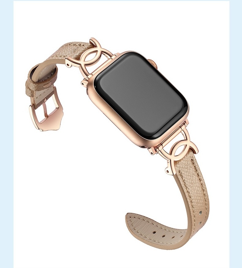 Two C shaped metal connector genuine leather 14mm Fashion Thin Strap for Apple Watch Band women series 8 9 ultra 49mm