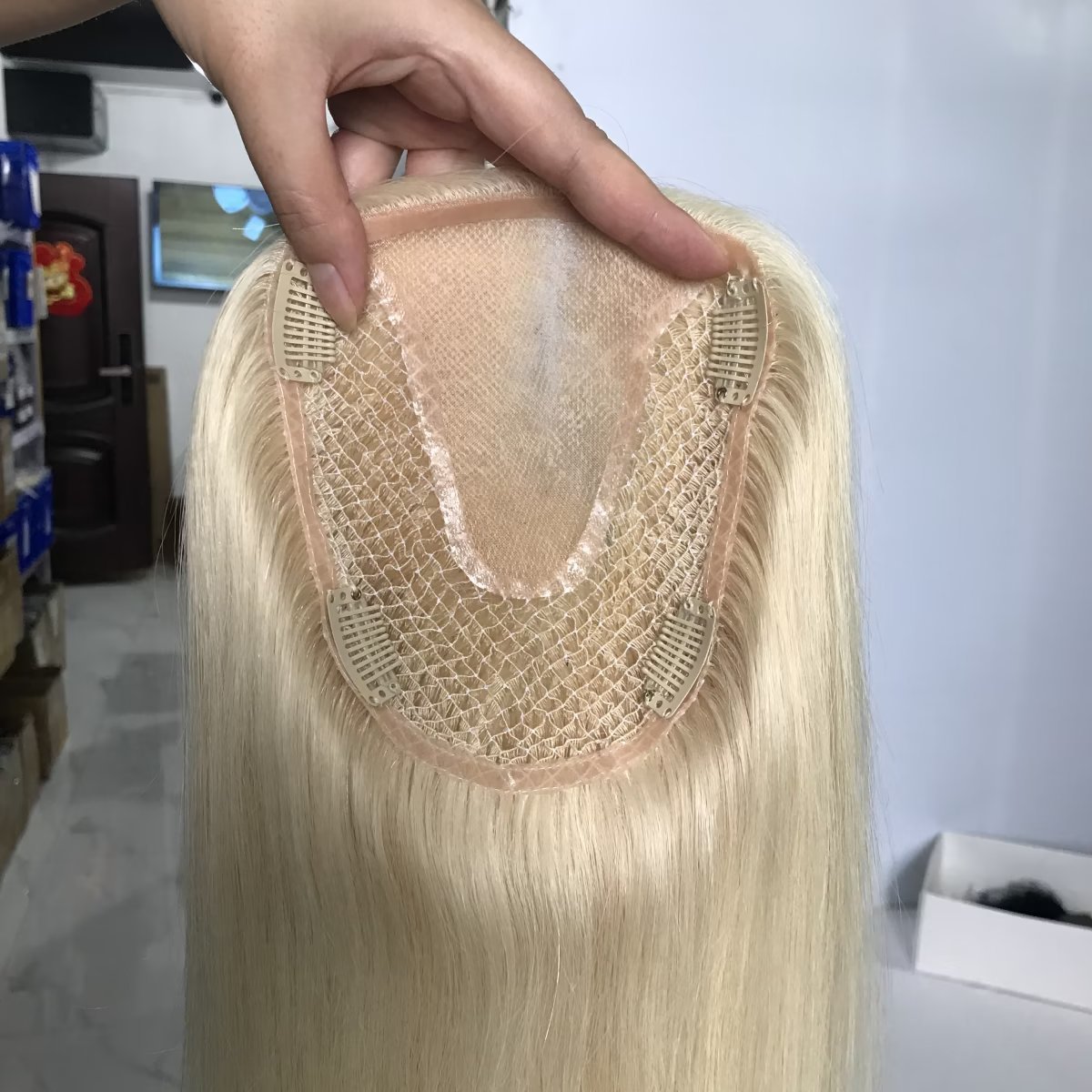 Mono Lace Fish Net Hair Toppers European Human Hair Ash Blonde Mono Fishnet Integration Net Hair Piece Topper For Women