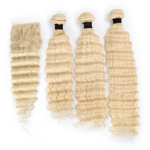 Wholesale Russian Free Sample Raw Human Hair Weft Extensions Curly Lace Closure 613 Blonde Bundles With Frontal Hair Weave