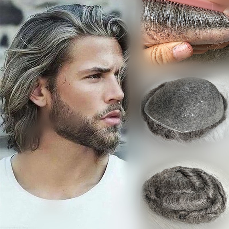 Hot Selling PU Skin Based Man Wigs 1B65 Black With Grey Human Hair Replacement Systems Mens Hairpieces Wholesale Toupee For Men