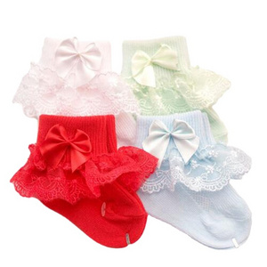 4 Colors toddler lace bows organic cotton knit crew little ruffle sock for girls