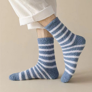 6 colors Wholesale Men's Coral Fleece Winter Sleeping Floor Socks Warm Cozy Striped Fuzzy Socks Men