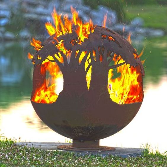 Large customized corten steel metal sphere outdoor fire pit