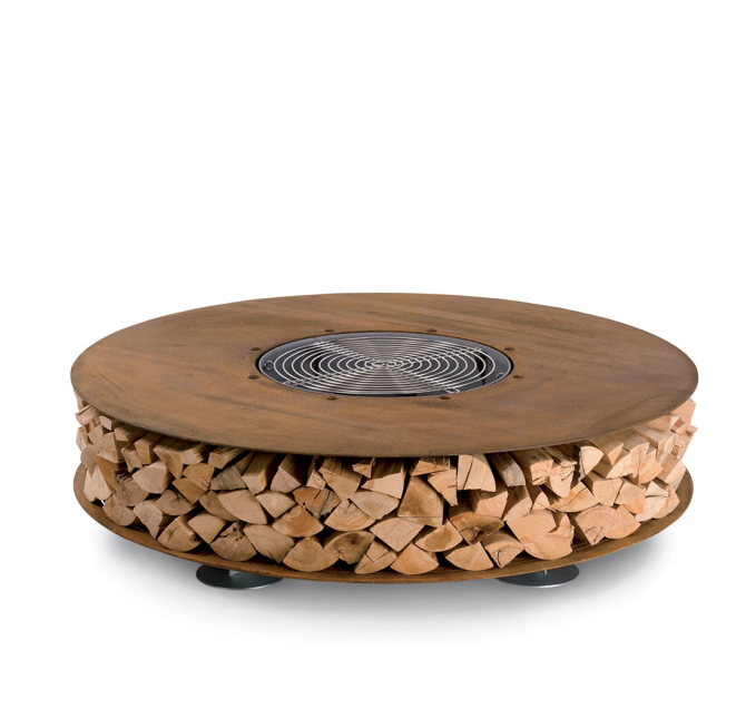 Assembled outdoor round fire pit with BBQ grill