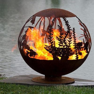 Large customized corten steel metal sphere outdoor fire pit