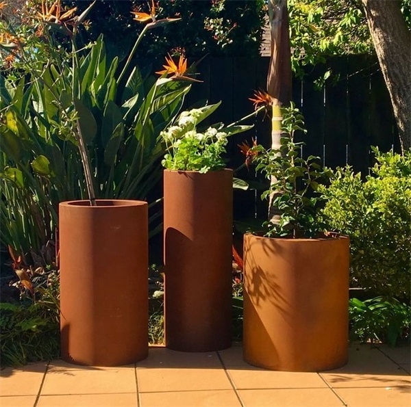 Home used barrel planter cylinder metal window box planters indoor corten steel large indoor plant pots