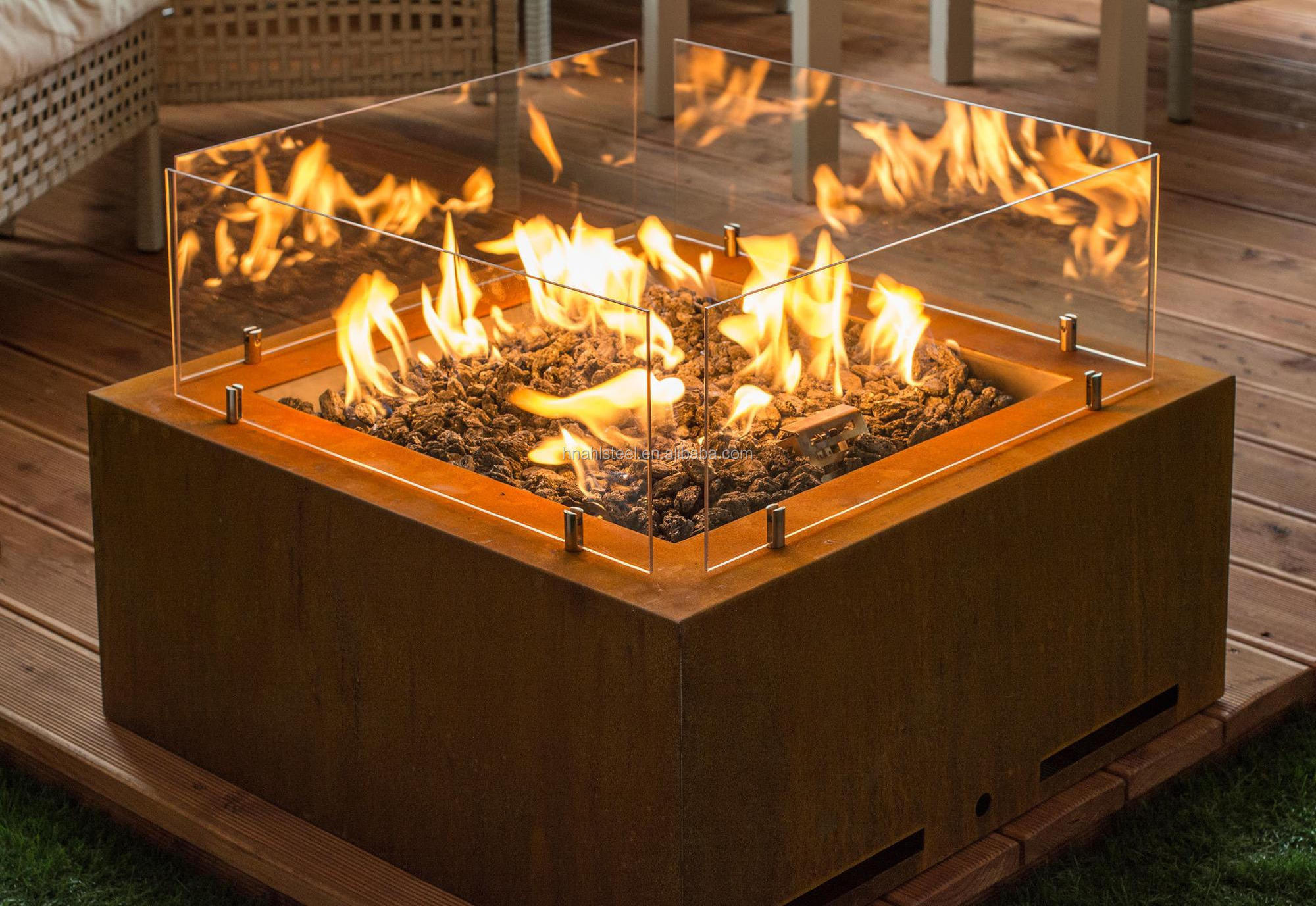 Outdoor Corten Steel Propane Fire Pit Table / Corten Steel Gas Fire Pit