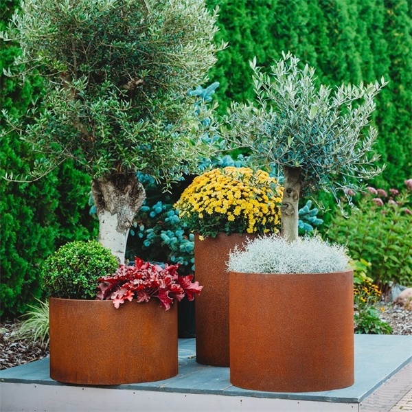 Home used barrel planter cylinder metal window box planters indoor corten steel large indoor plant pots