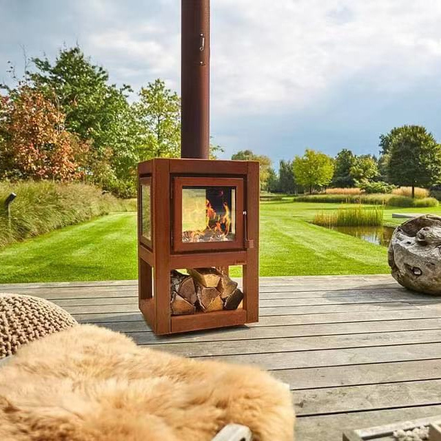 Outdoor Wood Fuel Corten Metal Fireplace with wheels