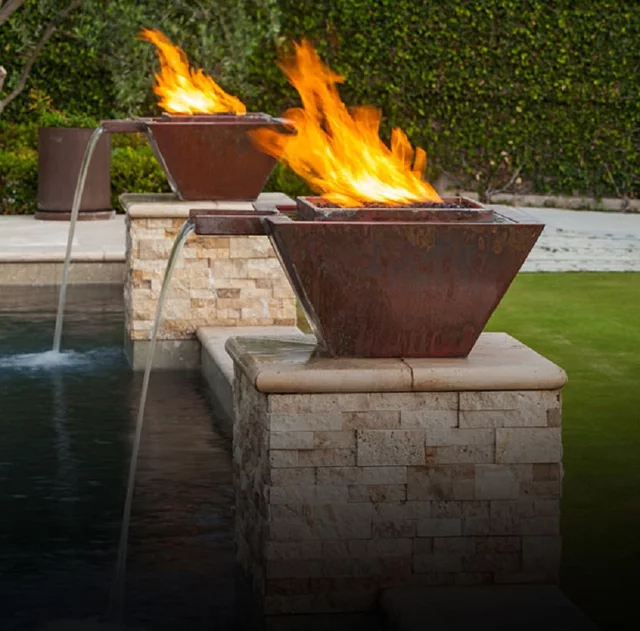 Corten Steel tabletop firepit hidden propane tank fire table water fire bowl for garden decoration