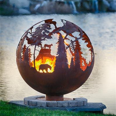 Large customized corten steel metal sphere outdoor fire pit