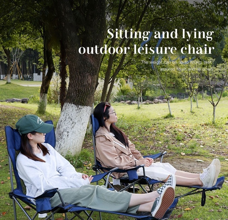 Lightweight Portable Easy Folding Lounge Beach Camping Chair Steel Pole Oxford Fabric Fishing Reclining Chair With Footrest