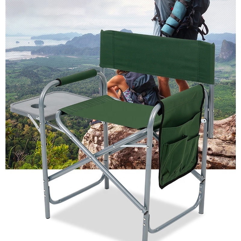 Wholesale Custom Logo Metal Folding Camping Chair Outdoor Portable Relax Oxford Fishing Directors Chair With Side Table Desk