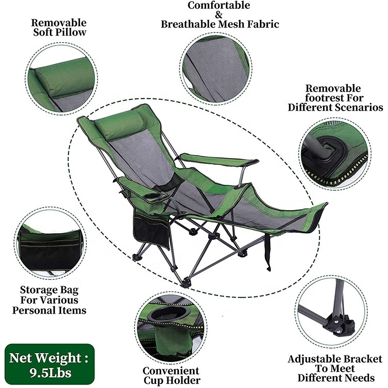 Lightweight Portable Easy Folding Lounge Beach Camping Chair Steel Pole Oxford Fabric Fishing Reclining Chair With Footrest