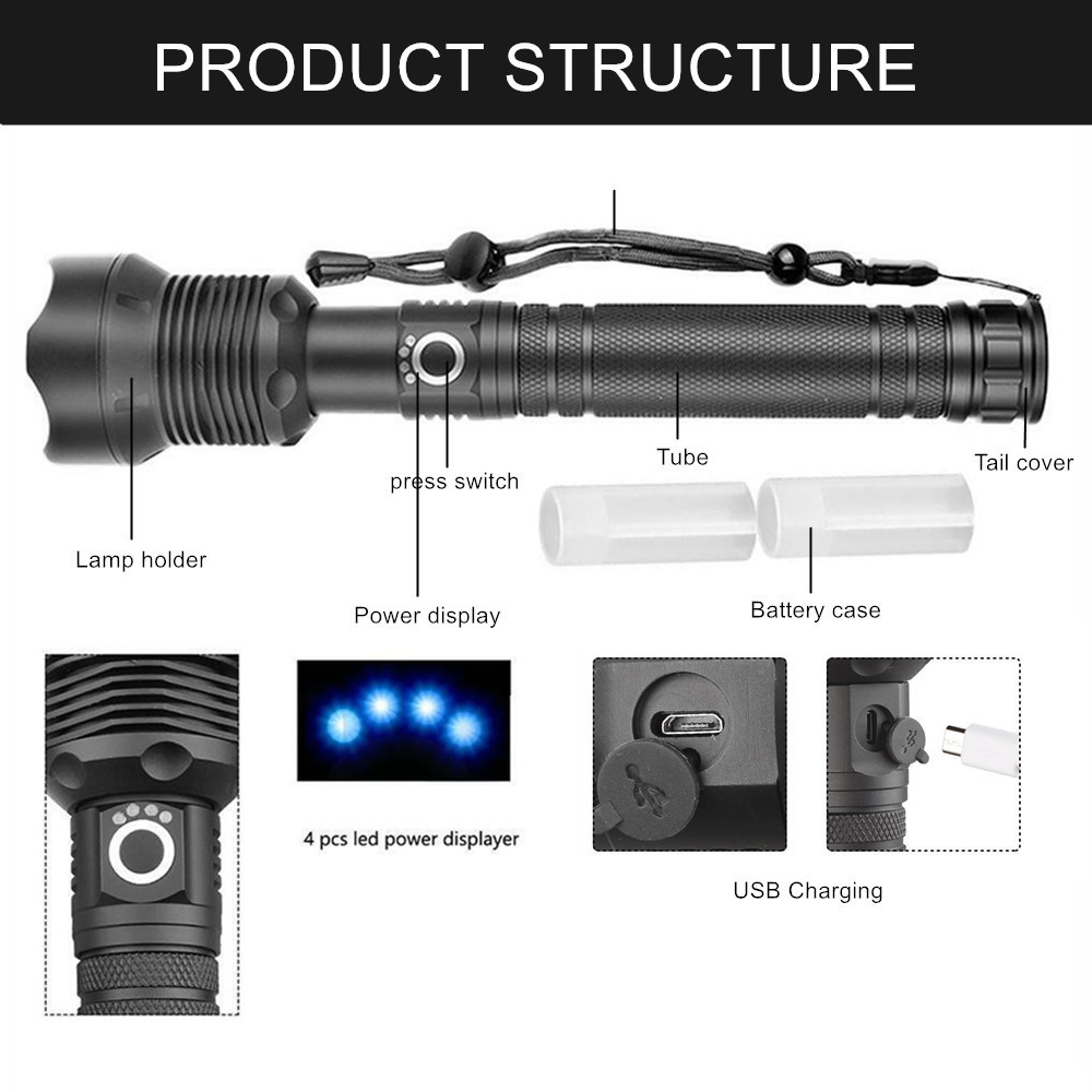 Powerful xhp70 flashlight 5 Modes usb Zoom led torch lantern 18650 or 26650 battery Best for Camping Outdoor Emergency