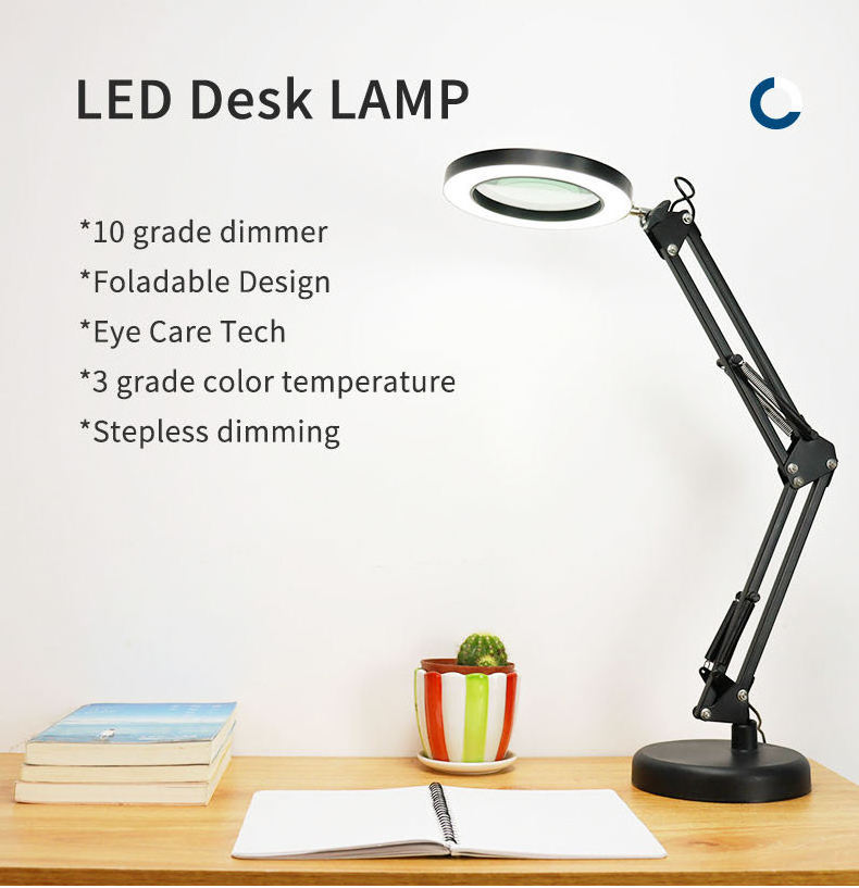 Metal iron magnifying glass swing arm LED adjustable light learning table lamp