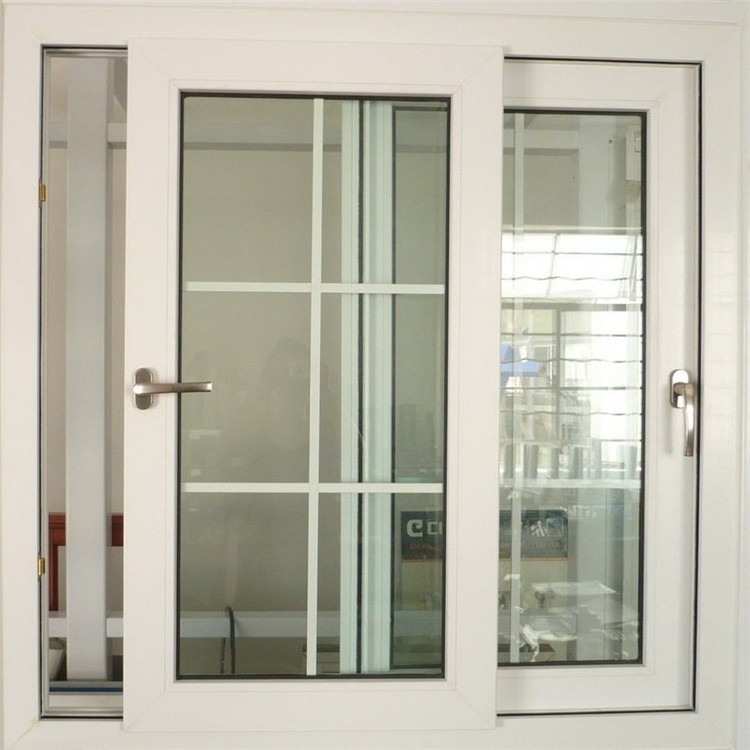 upvc pvc sliding window with grill European style with decorative strips 3 track upvc sliding window with mosquito net